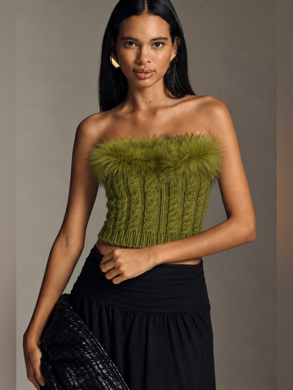 BNWT Carlopik Olive Green Cable Knit Strapless Top Real Fur Trim JG